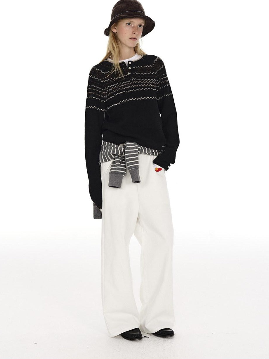 Country Moment Jacquard Henley Button Pullover Slim Fit Youth Wool Blend Striped Sweaters