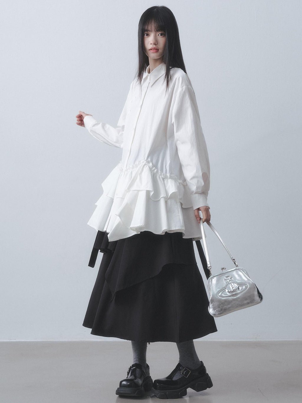 DDGIRL studio High Waist Ruffle Commuter Shirt Dress A Line Women White Button Mini Dresses