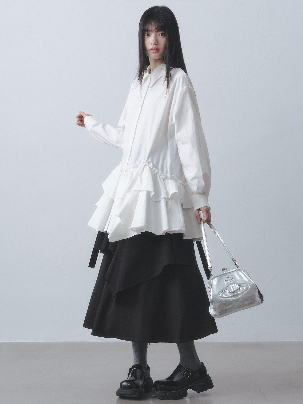 DDGIRL studio High Waist Ruffle Commuter Shirt Dress A Line Women White Button Mini Dresses