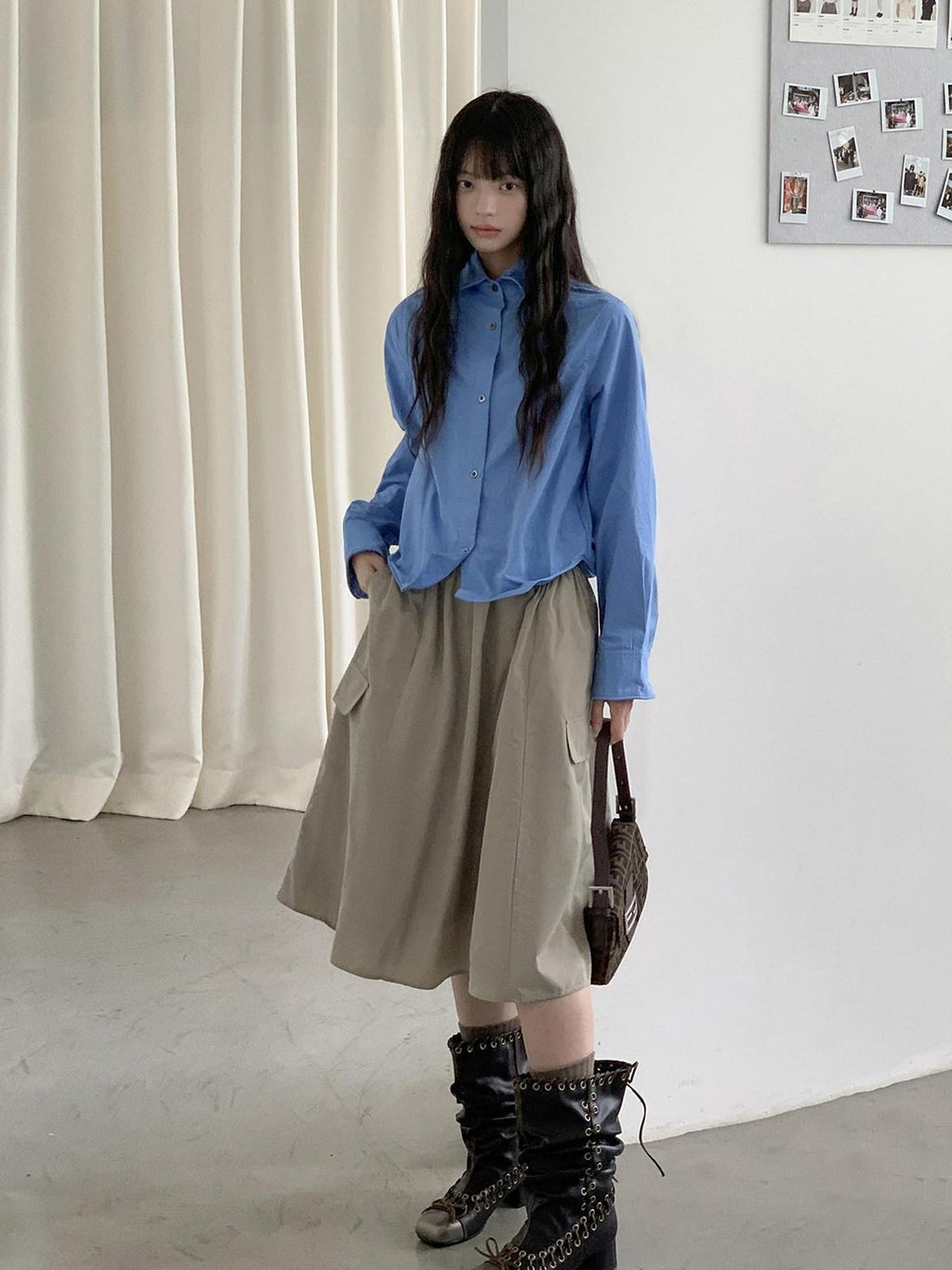 DDGIRL studio Moisture Wicking Pure Cotton Relaxed Polo Collar Button Women Blue Blouses