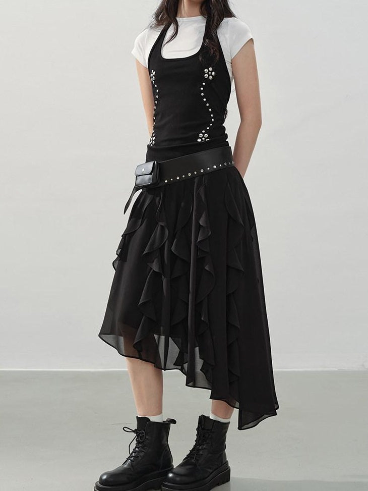 DDGIRL studio Fade Resistant Lined Asymmetrical High Waist Black Irregular Women Midi Skirts