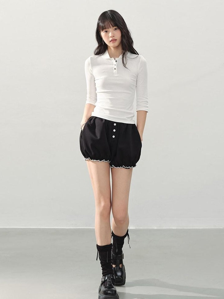 DDGIRL studio High Waist Black Casual Lantern Silhouette Teen Stretch Polyester Modal Shorts