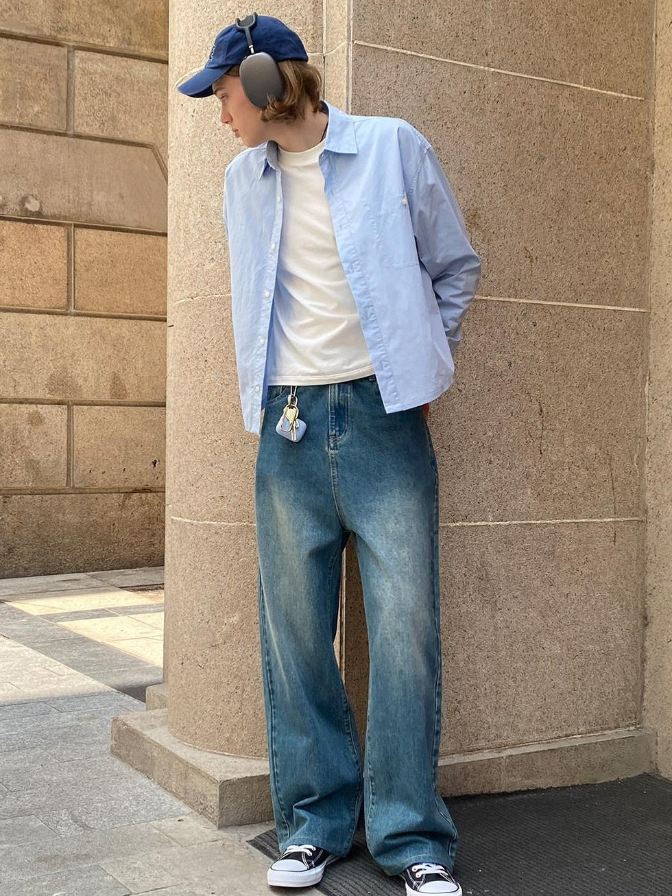 Country Moment Breathable 100% Cotton Relaxed Square Neck Cardigan Unisex Solid Blue Shirts