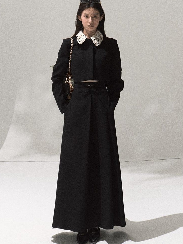 7 OAKMOO Lightweight Long Sleeve Doll Collar High Waist Black Top & Skirt Sets