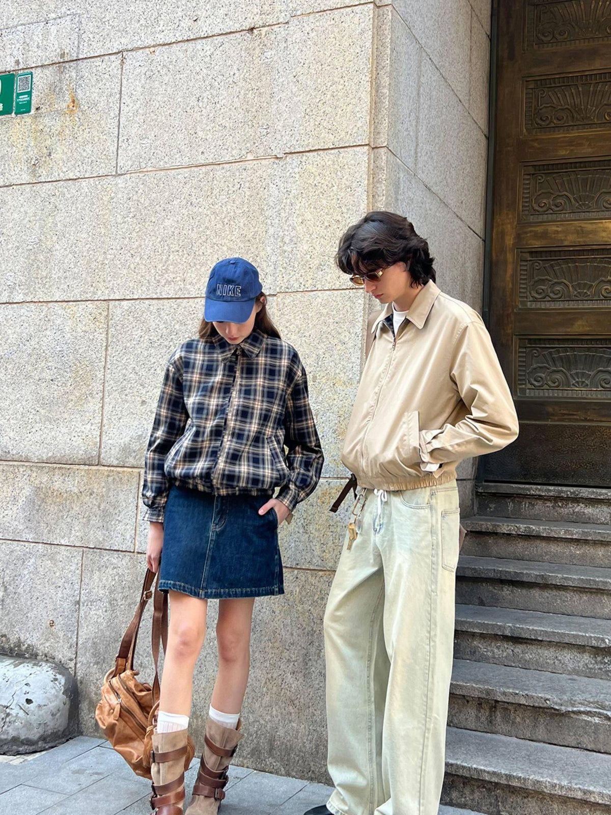 Country Moment Reversible Windproof Loose Fit Khaki Plaid Ribbed Hem Unisex Cropped Jackets