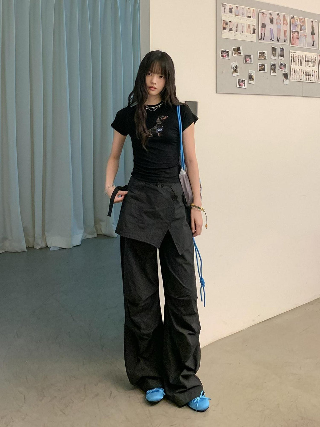 DDGIRL studio High Waist Cotton Cargo Pockets Loose Commuter Women Black Straight Pants
