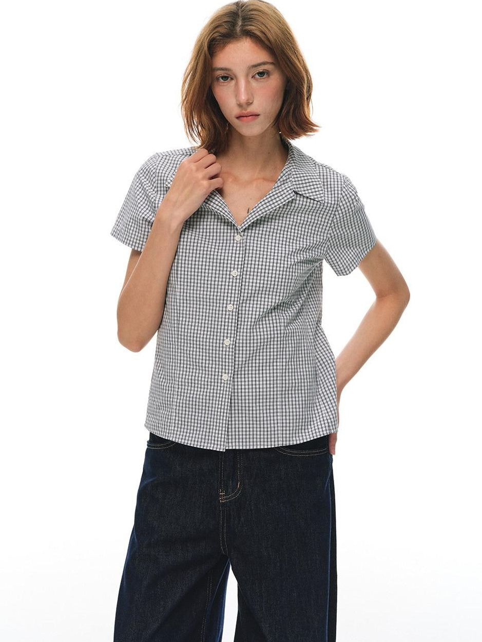 Country Moment Cotton Fitted Button Cuban Collar Black White Plaid Short Sleeve Women Shirts