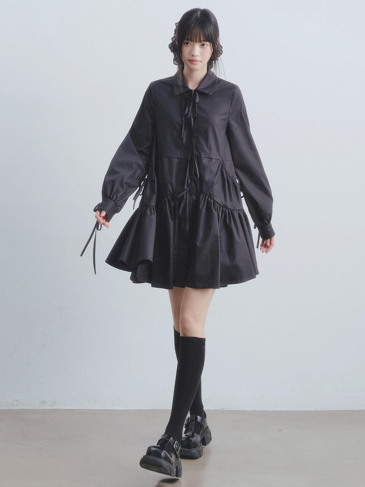 DDGIRL studio Soft High Waist Tie A Line Shirt Dress Office Black Cotton Midi Dresses