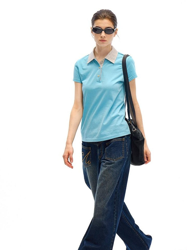 Country Moment 100% Cotton Patchwork Slim Fit Polo Collar Casual Plaid Short Sleeve T-Shirts