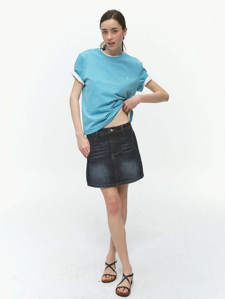 Country Moment Breathable Cotton Blend Vintage Office A Line Solid Blue Black Mini Skirts