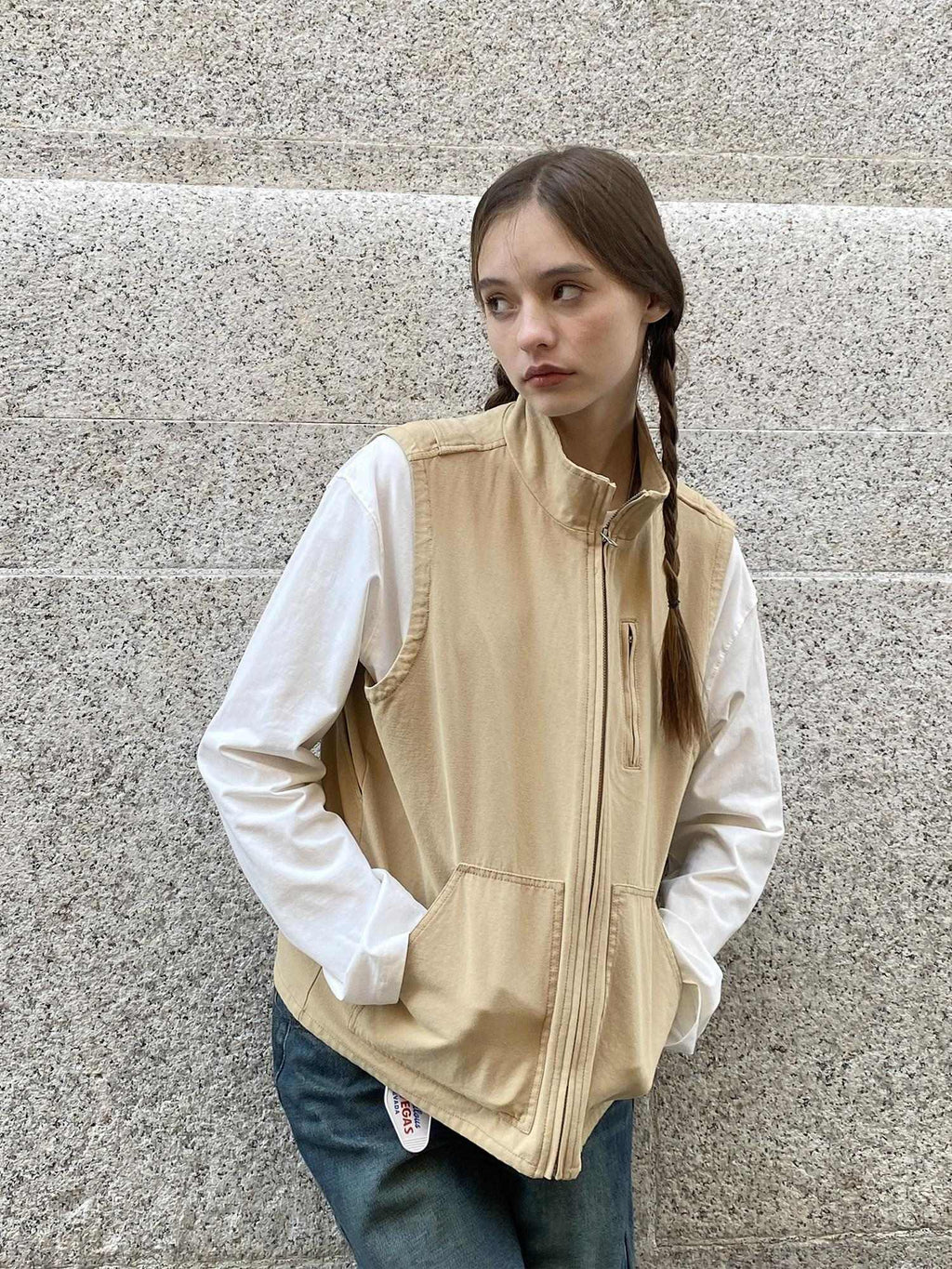 Country Moment Organic Cotton Stand Collar Zipper Loose Fit Patch Pocket Teen Khaki Vests