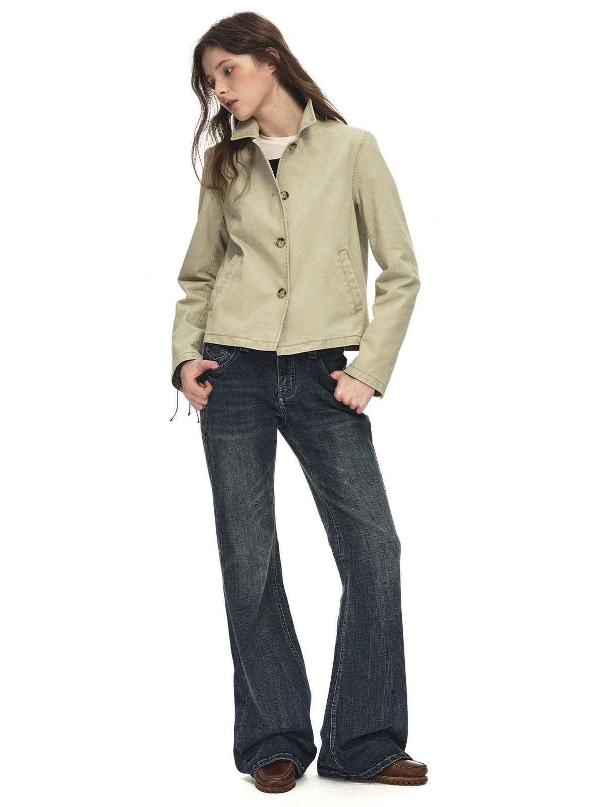 Country Moment Warm Vintage British Short Button Khaki Cotton Unisex Commuter Cropped Jackets