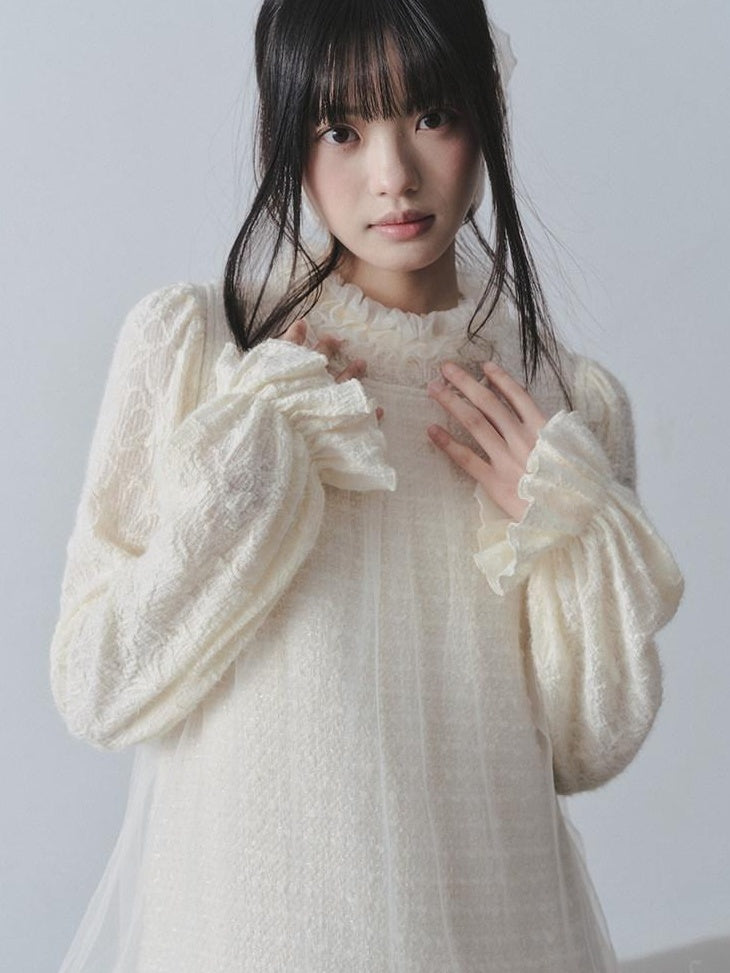 DDGIRL studio Ultra Soft Knit Petal Sleeve Pullover Office Casual Off White Mini Dresses