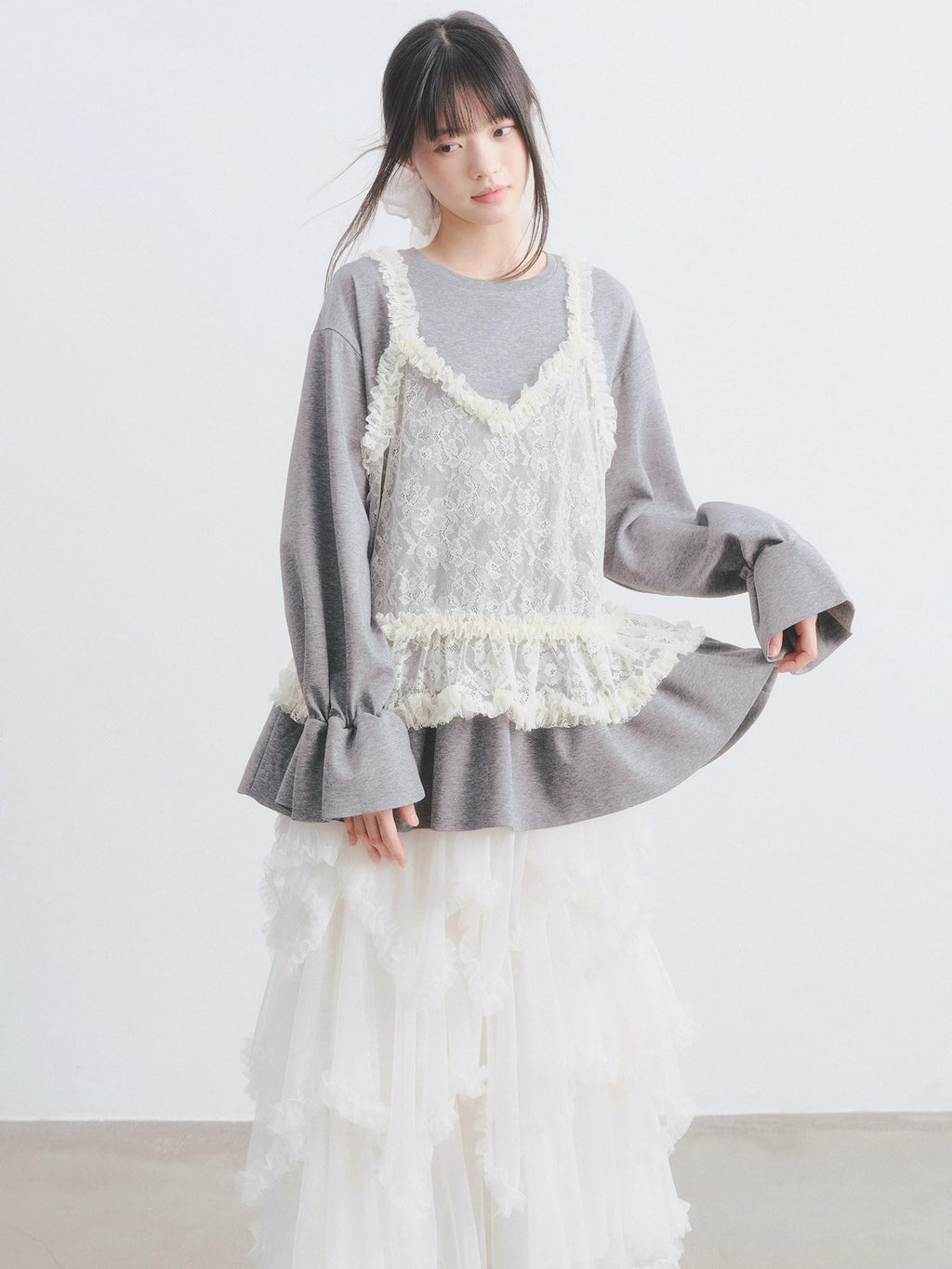 DDGIRL studio Lace Splice Pullover Loose Crewneck Womens Two Piece Long Sleeve T-Shirts