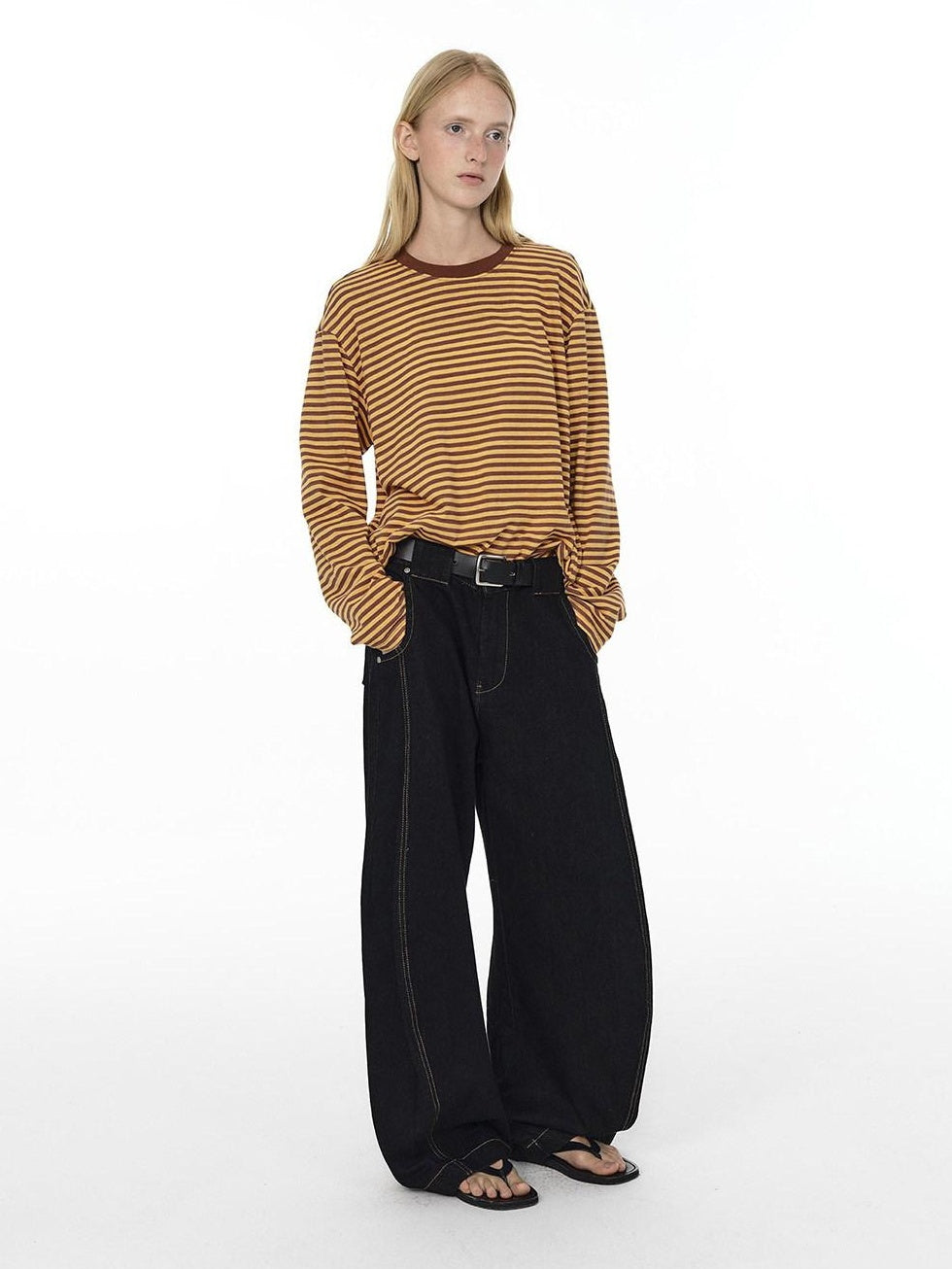 Country Moment Mid Rise Contrast Stitching Loose Fit Unisex Cotton Blend Black Wide Leg Jeans