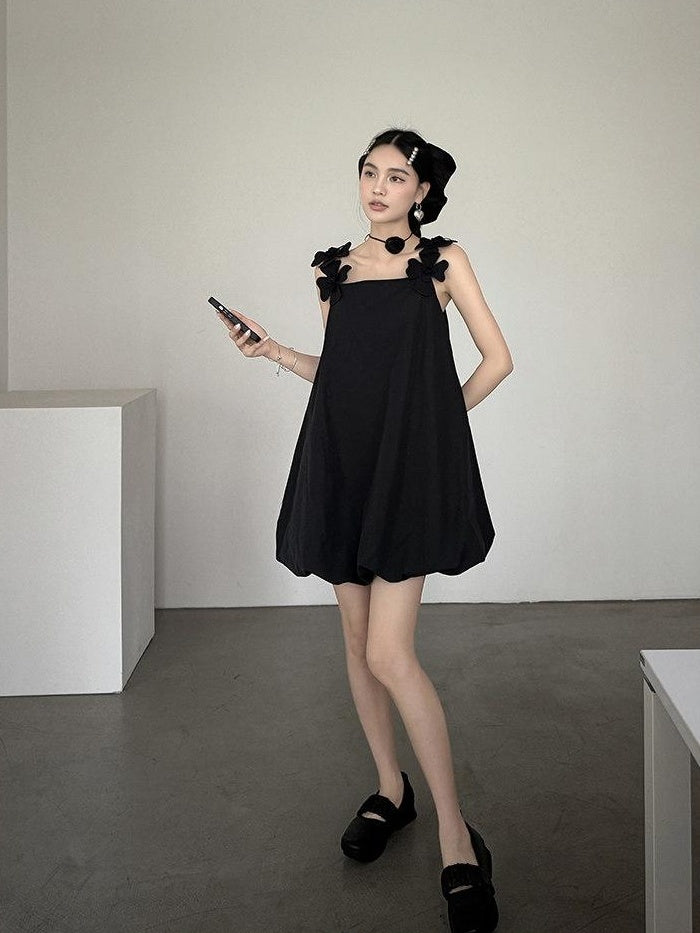 DDGIRL studio Washed Cotton Nylon Blend Strappy A Line Loose Waist Commuter Black Midi Dresses