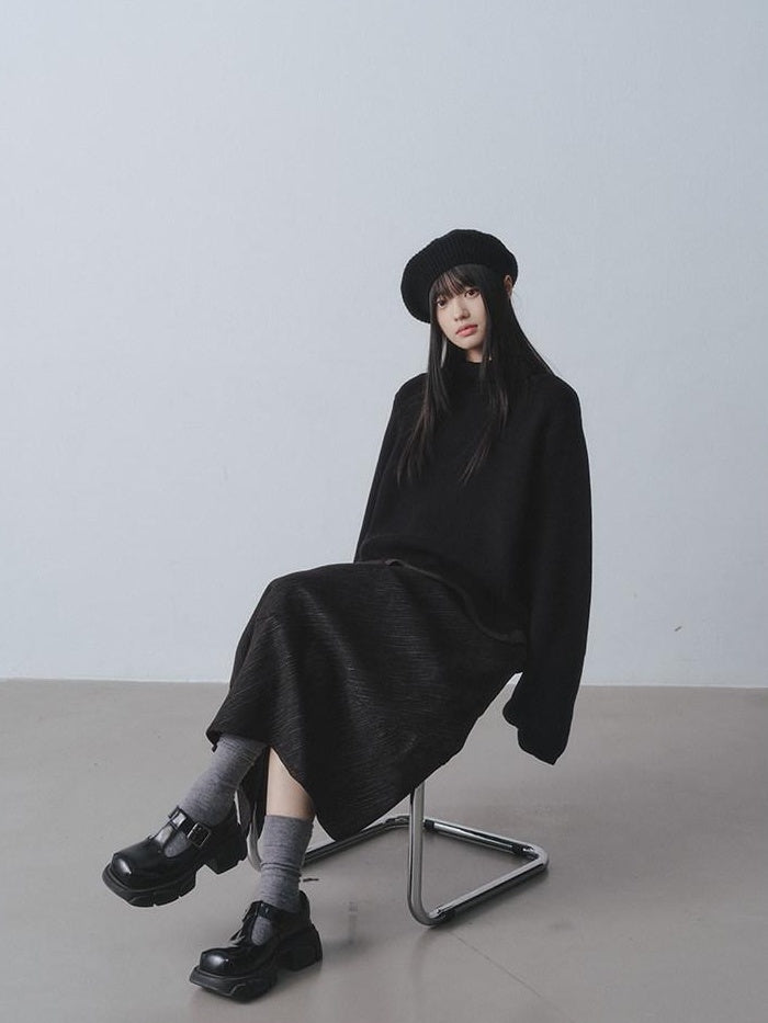 DDGIRL studio Warm Chunky Wave Pullover Oversized Commuter Mock Neck Women Black Sweaters