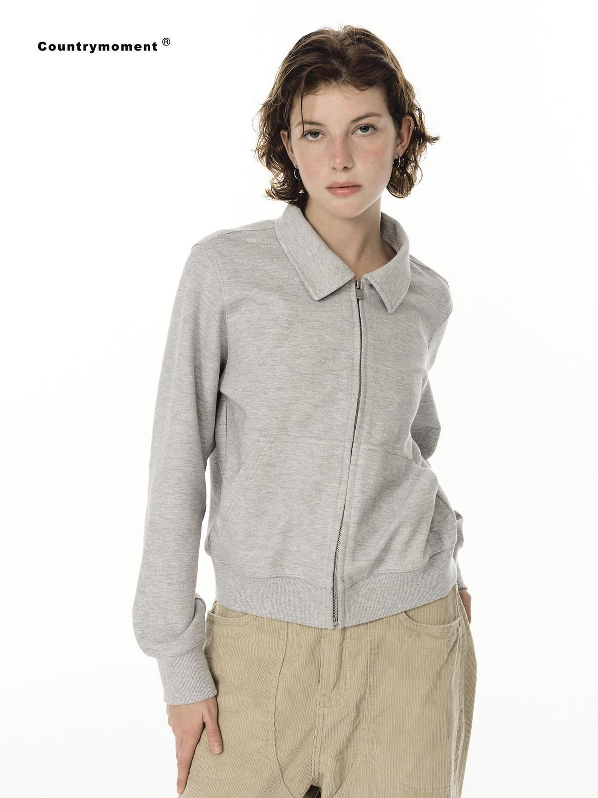 Country Moment Breathable Warm Cotton Blend Loose Fit Zip Up Men Casual Grey Sweatshirt