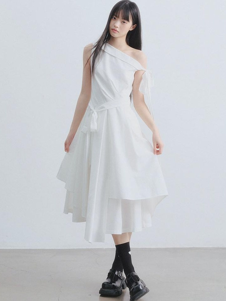 DDGIRL studio High Waist Asymmetric One Shoulder Workwear A Line Side Zipper Midi Dresses