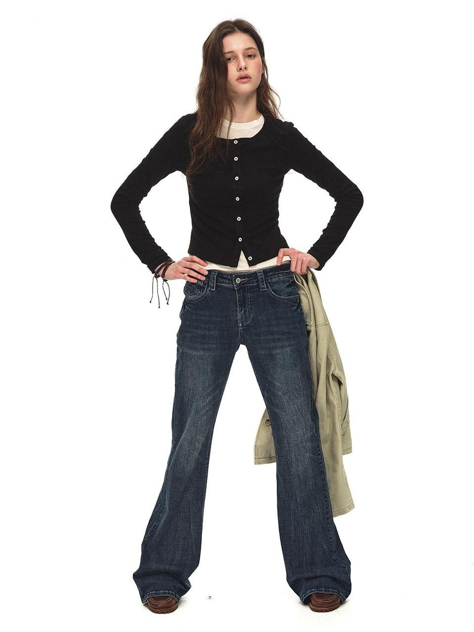 Country Moment Slimming Soft Breathable Distressed Low Rise Vintage Blue Stonewash Flared Jeans