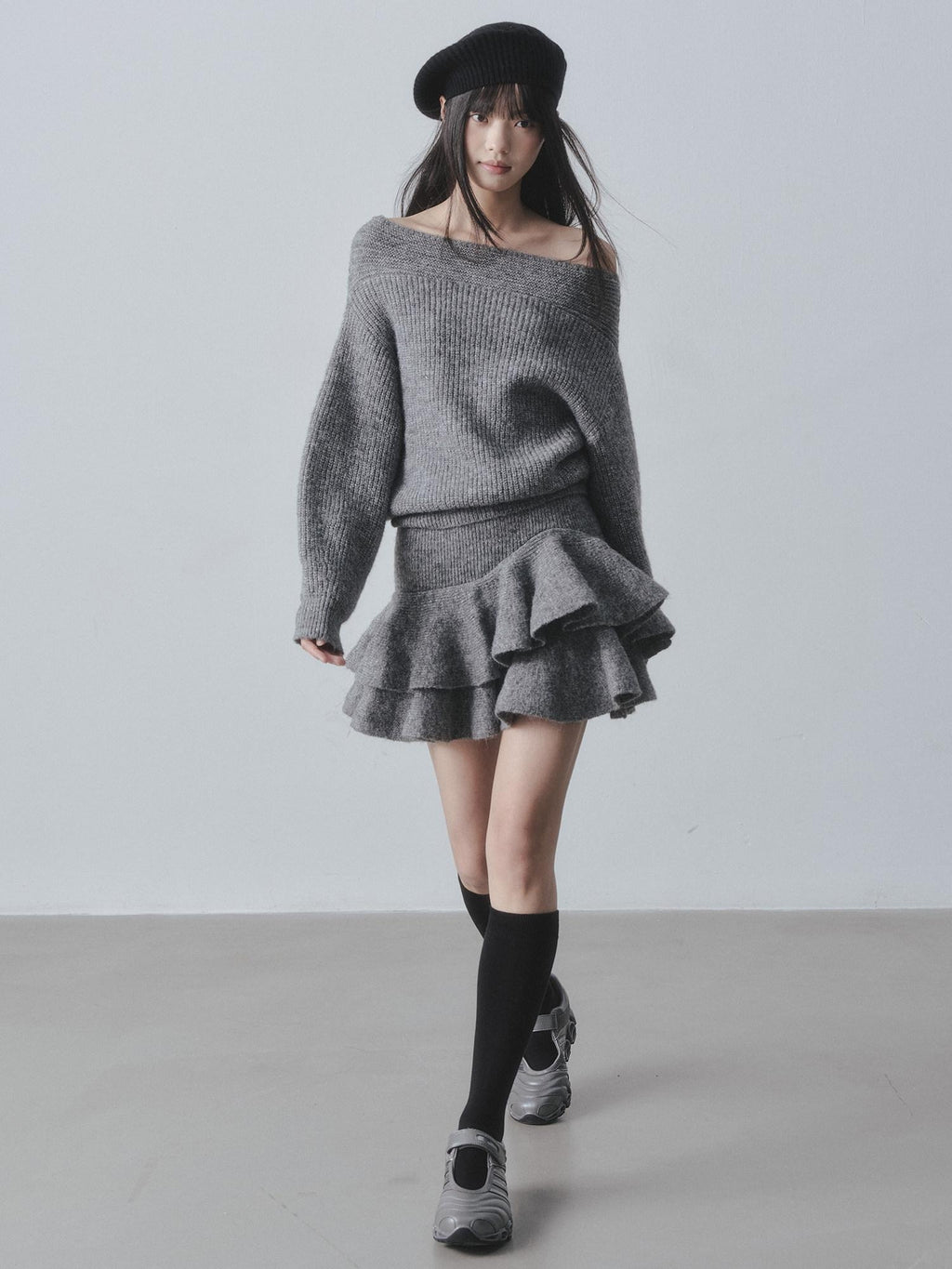 DDGIRL studio Cozy Knit Warm Girly Ruffle Bardot Neckline High Waist Grey Top & Skirt Sets
