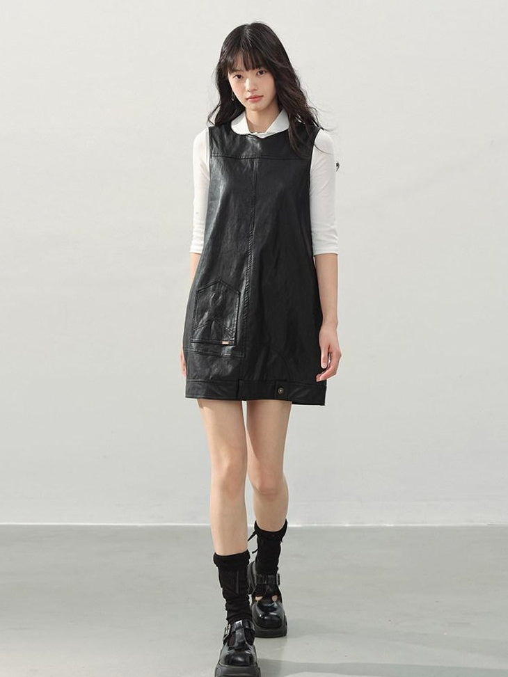 DDGIRL studio Soft Vintage Pu A Line Sleeveless Round Neck Loose Fit Black City Mini Dresses