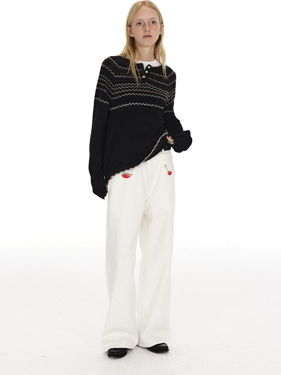 Country Moment Jacquard Henley Button Pullover Slim Fit Youth Wool Blend Striped Sweaters