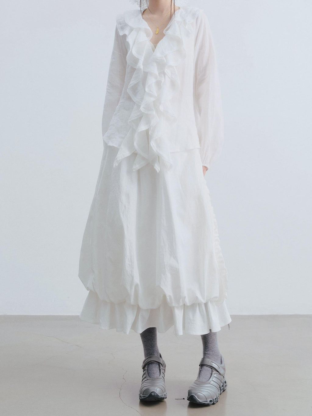 DDGIRL studio Durable Cotton High Waist Ruffle Lantern Lined White Midi Skirts