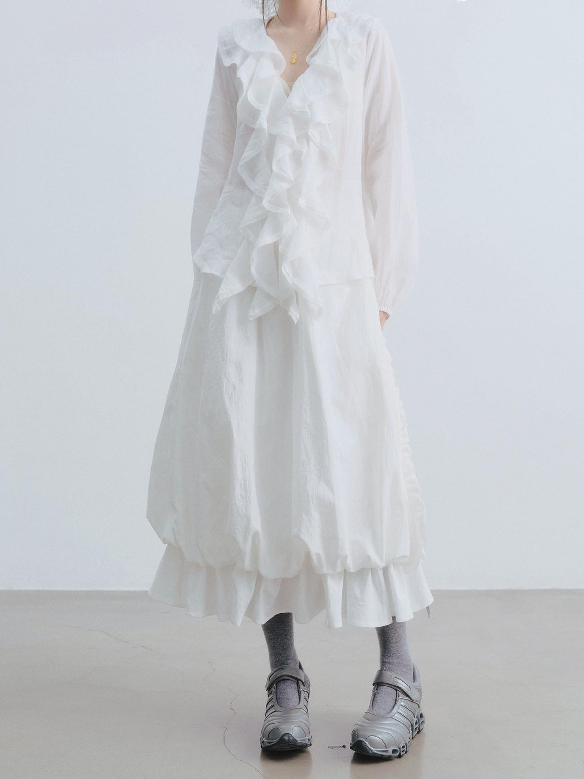 DDGIRL studio Durable Cotton High Waist Ruffle Lantern Lined White Midi Skirts
