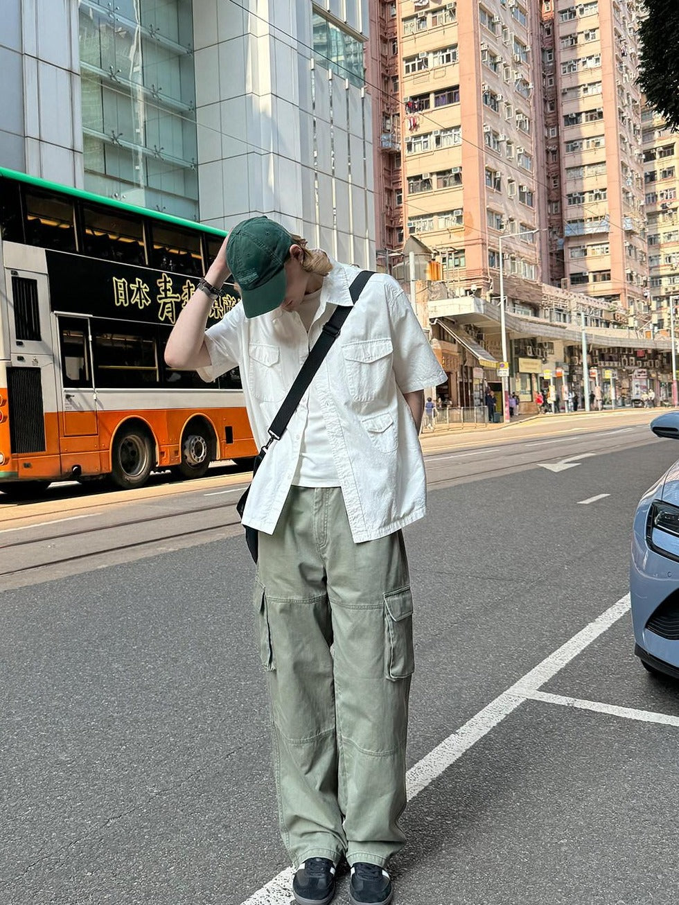 Country Moment Washed Mid Rise Loose Straight Leg Youth Daily Pure Cotton Green Cargo Pants