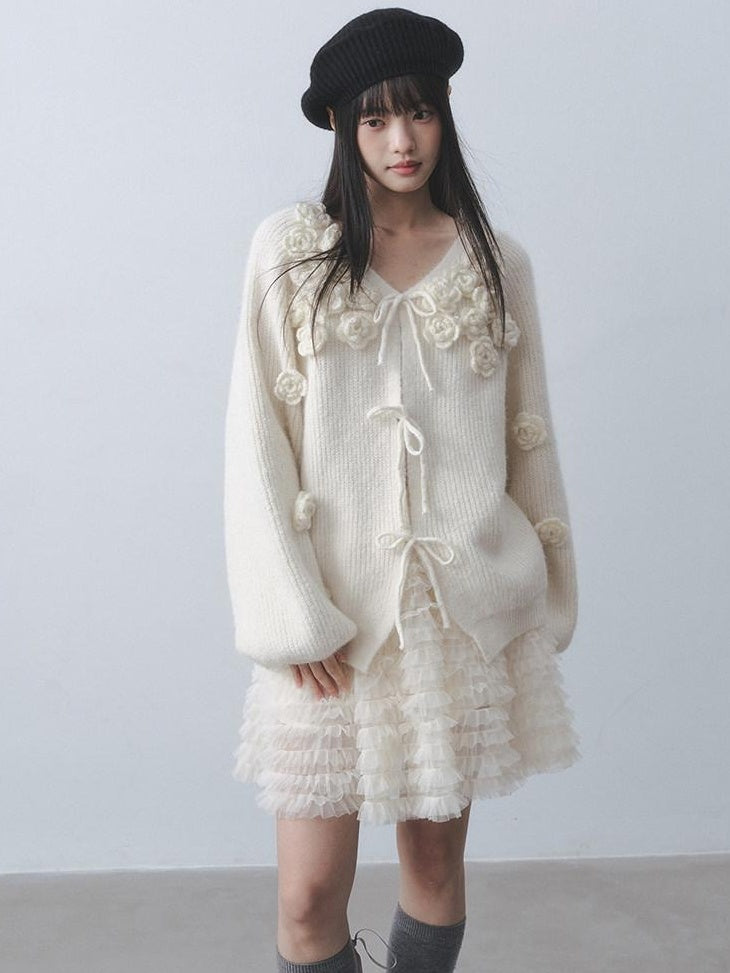 DDGIRL studio Soft Loose V-neck Tie Front Lantern Sleeve 3D Floral Commuter Knit Cardigans