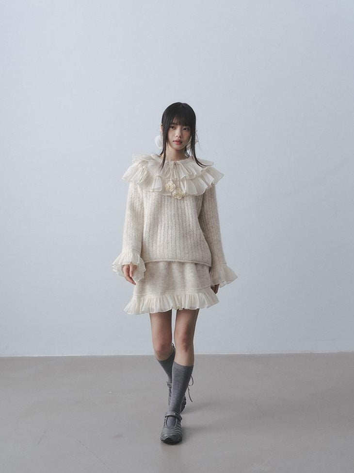 DDGIRL studio Warm Knitted Ruffle Pullover Loose Gentle Floral High Waist Top & Skirt Sets