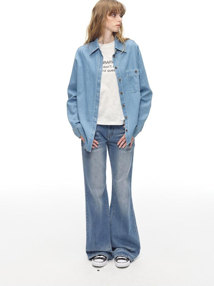 Country Moment Comfortable Low Rise Slim Fit Gradient Zipper Fly Washed Blue Flared Jeans