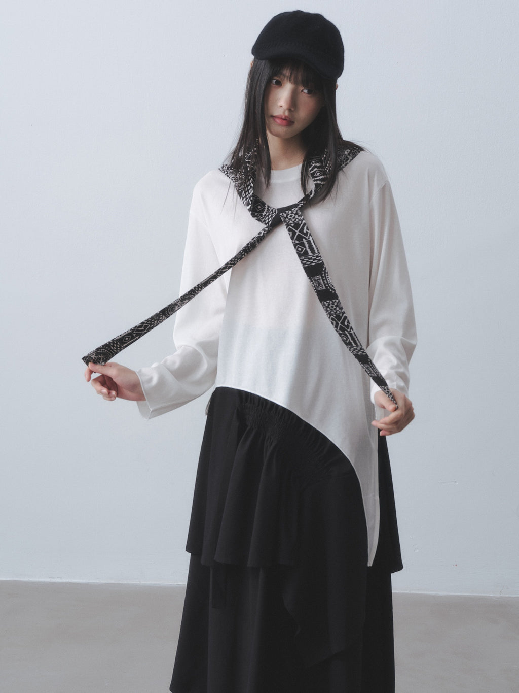DDGIRL_studio_Breathable_Lyocell_Asymmetric_Two_Piece_Women_Crew_Neck_Long_Sleeve_T-Shirts_MISSTT