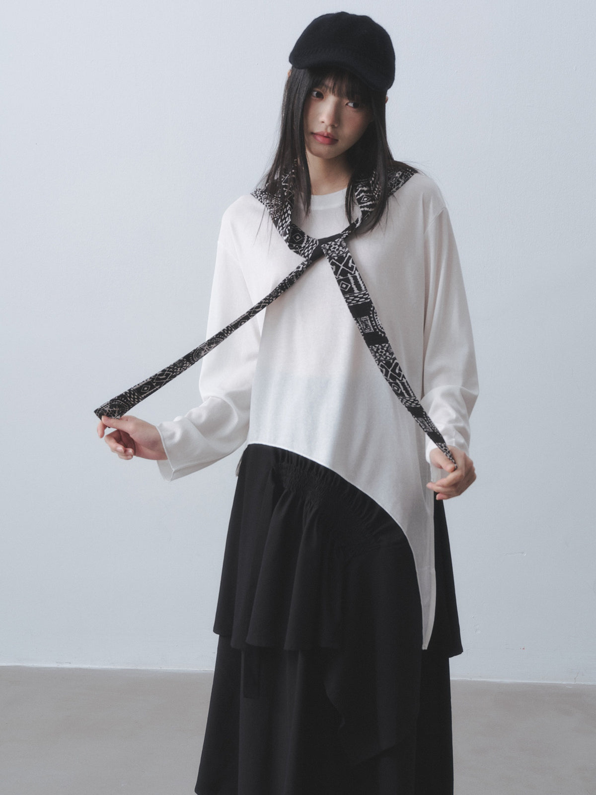 DDGIRL_studio_Breathable_Lyocell_Asymmetric_Two_Piece_Women_Crew_Neck_Long_Sleeve_T-Shirts_MISSTT