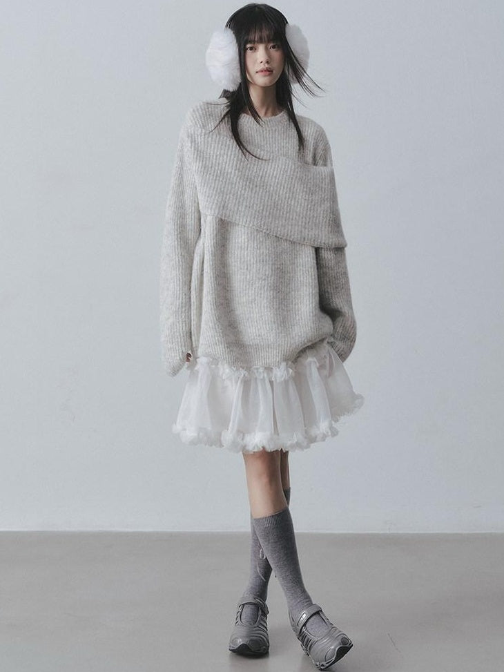 DDGIRL studio Ultra Soft Relaxed Patchwork Round Neck Women Light Gray Knit Sweaters