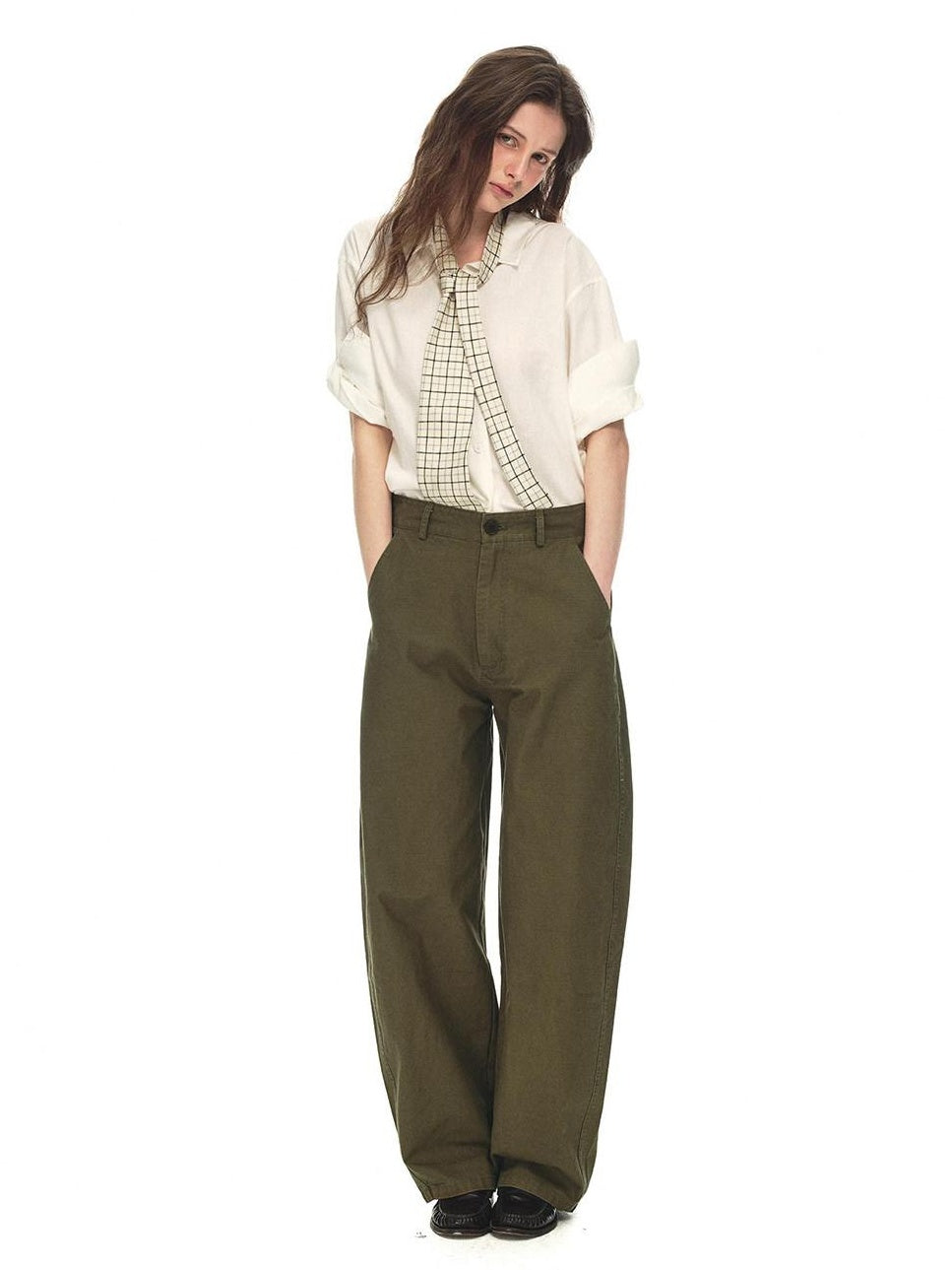 Country Moment Relaxed Cotton Button Fly Natural Waist Casual Army Green Wide Leg Pants