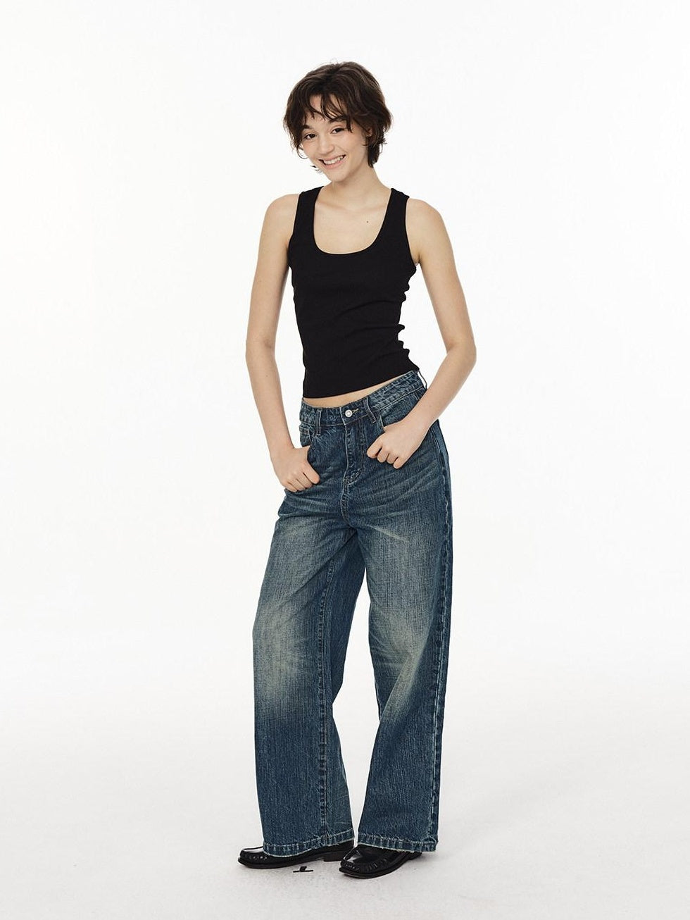 Country Moment Micro Stretch Mid Rise Vintage Blue Gradient Loose Unisex Straight Leg Jeans
