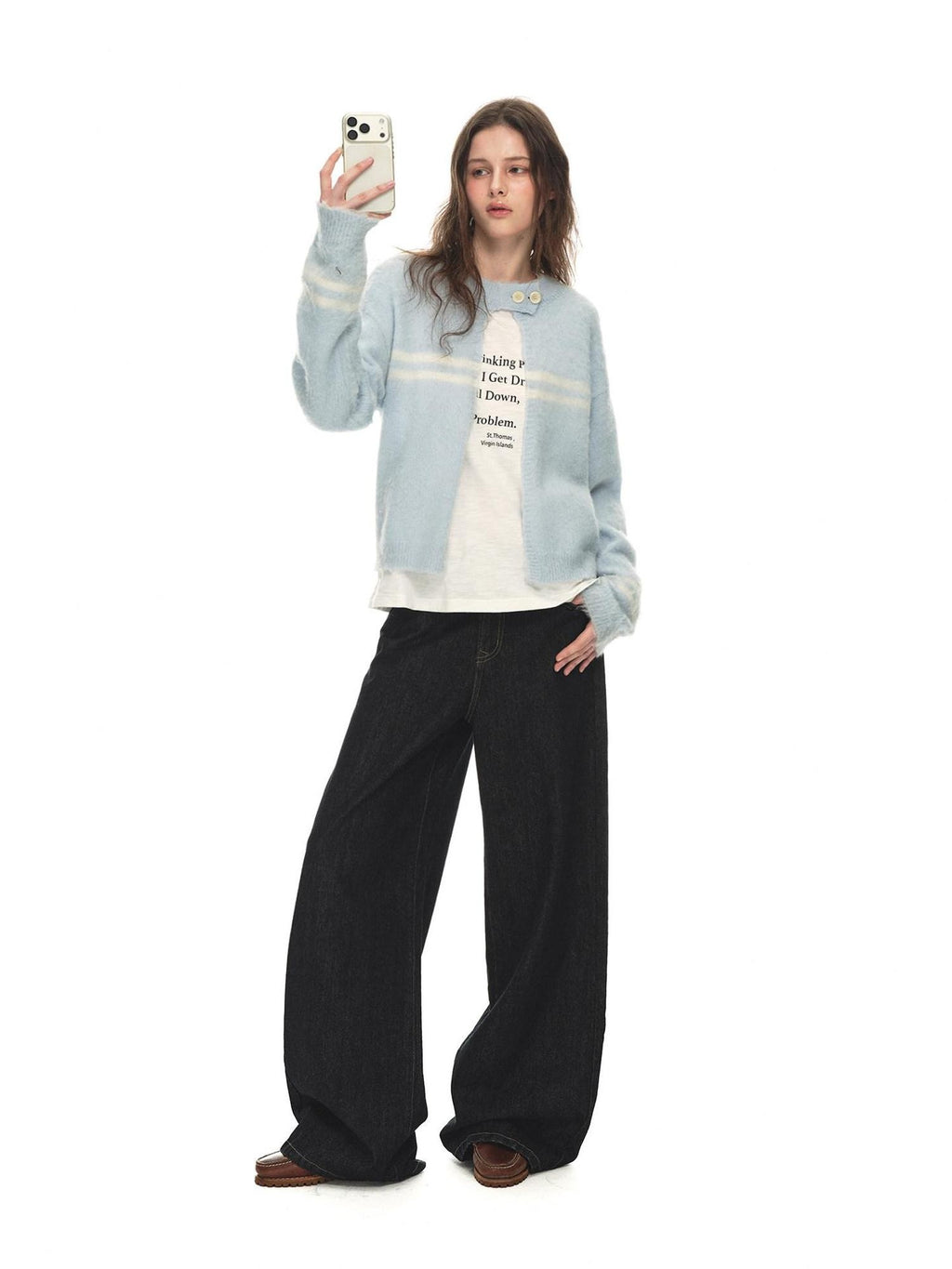 Country Moment Warm Cotton Mid Rise Loose Retro Button Fly Black Casual Commuter Wide Leg Jeans
