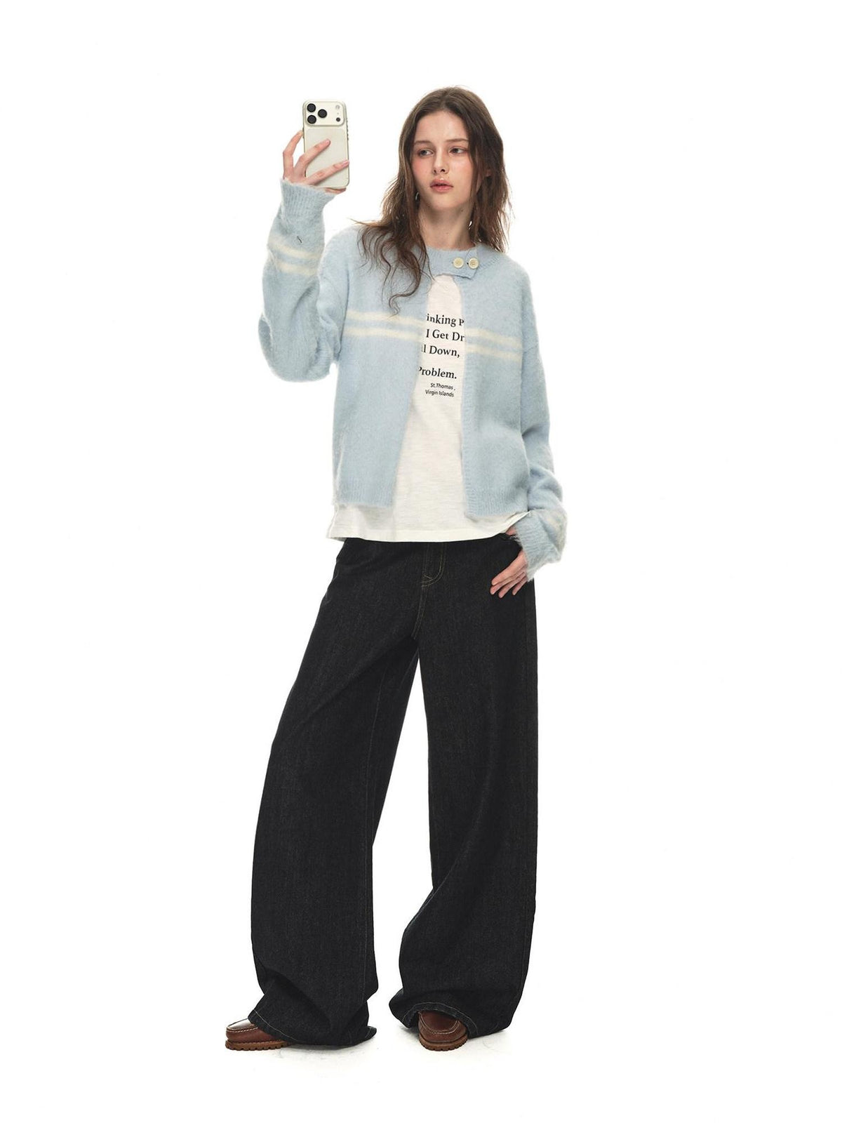 Country Moment Warm Cotton Mid Rise Loose Retro Button Fly Black Casual Commuter Wide Leg Jeans