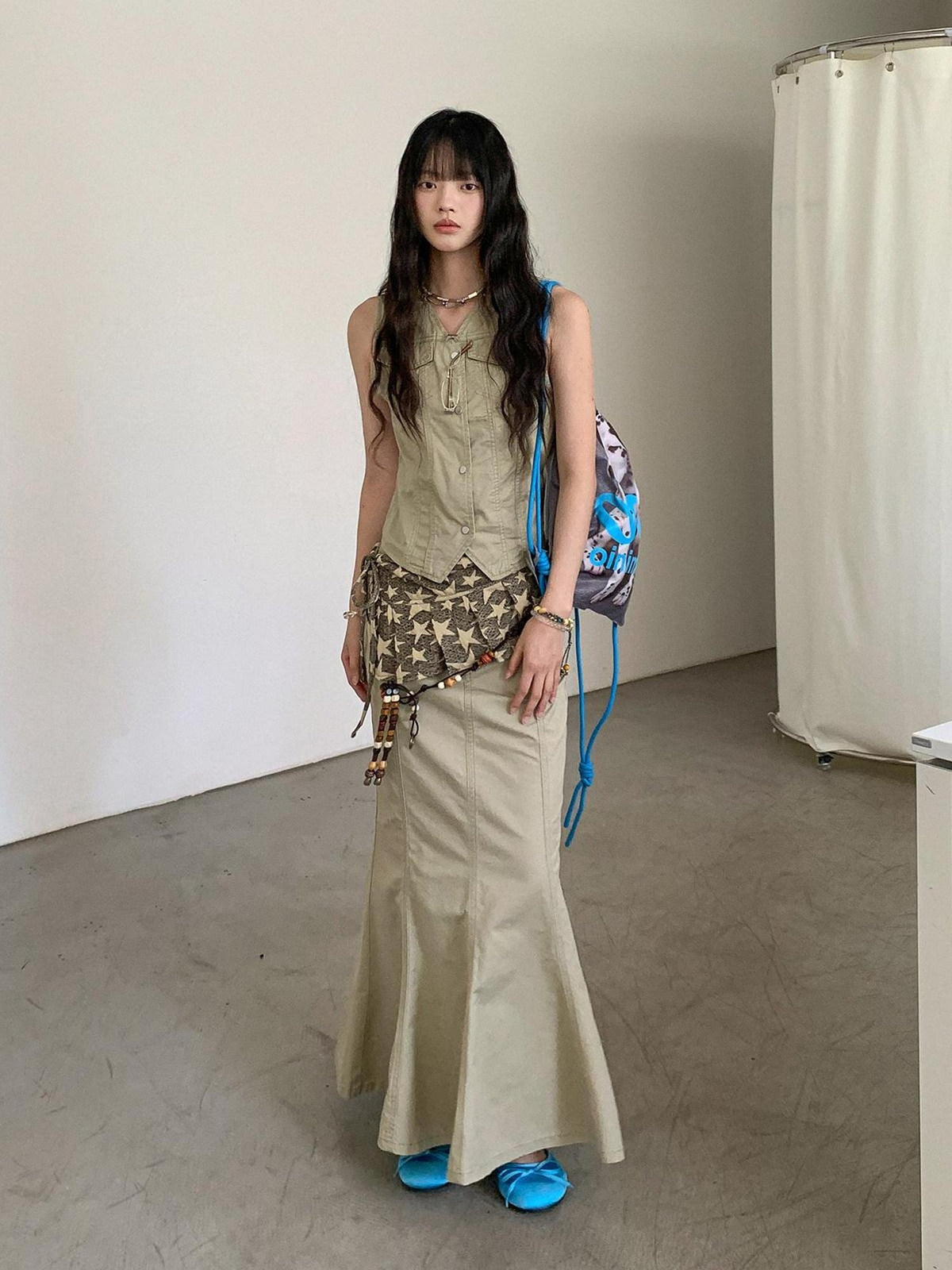DDGIRL studio High Waist Cotton Fishtail Slim Casual Khaki Women Outdoor Maxi Skirts