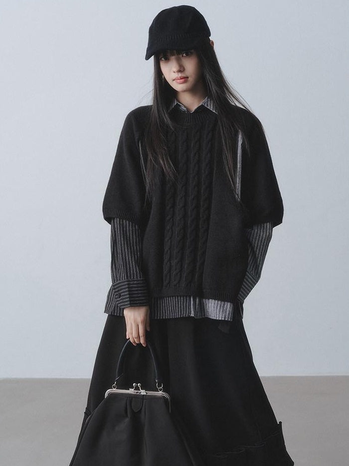 DDGIRL studio Warm Openwork Striped Knit Two Piece Loose Fit Collared Women Sweaters