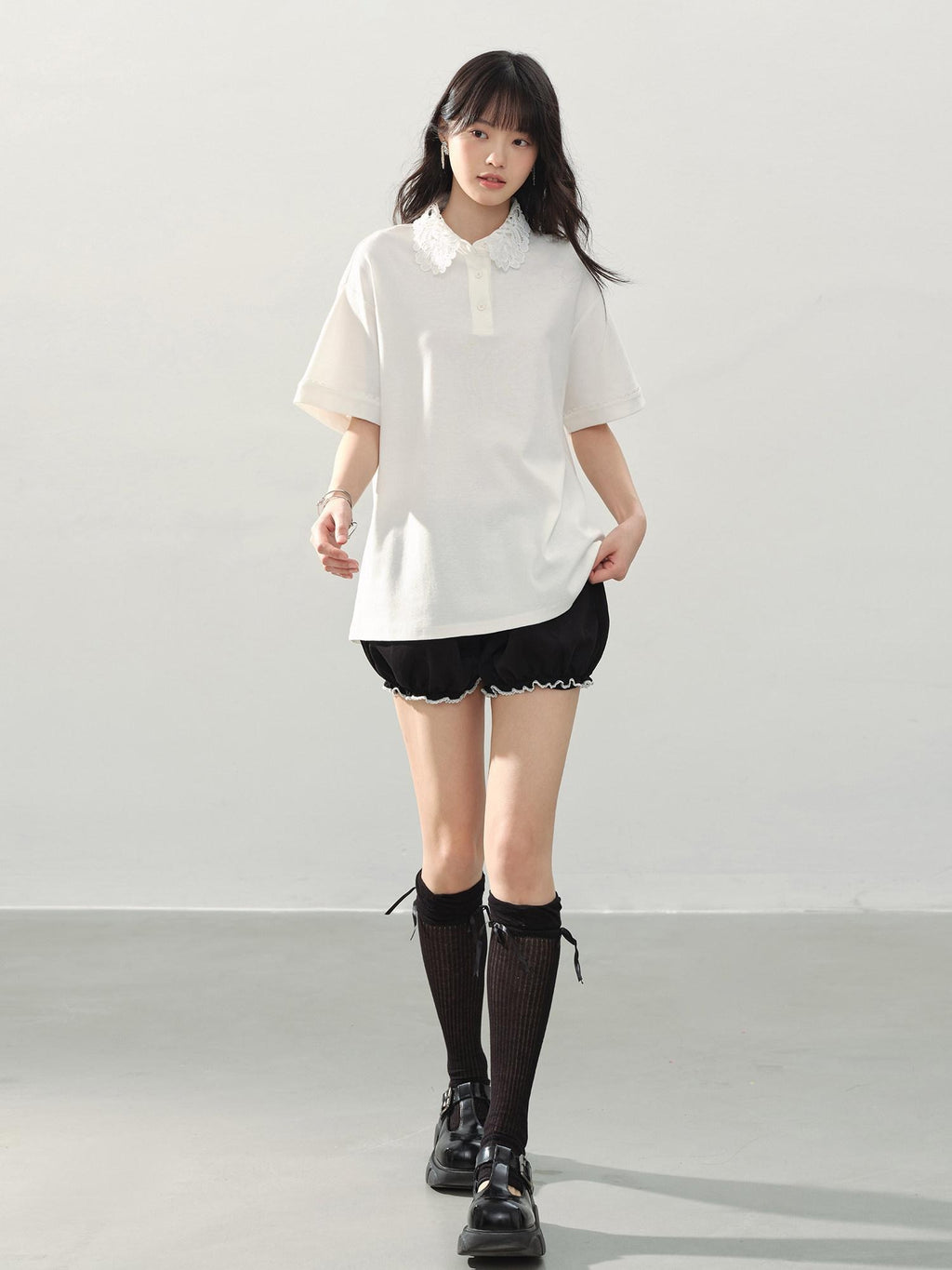 DDGIRL studio Washed Zip Polo Loose Fit Casual Long Staple Cotton Short Sleeve T-Shirts