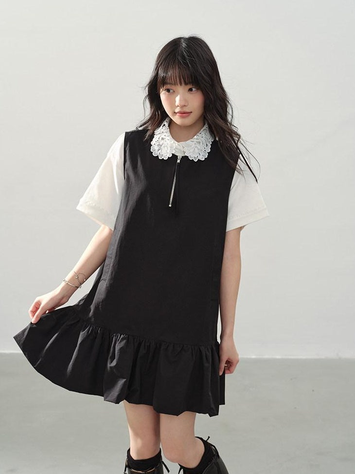 DDGIRL studio Soft Washed Cotton Nylon A Line Doll Collar Pockets Black Mini Dresses