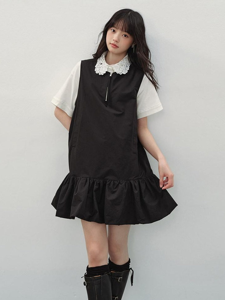 DDGIRL studio Soft Washed Cotton Nylon A Line Doll Collar Pockets Black Mini Dresses