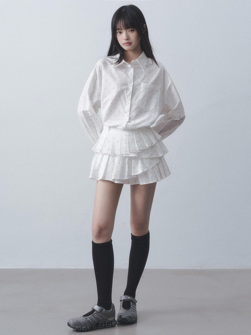 DDGIRL studio Quick Dry Pleated Polka Dot High Waist Button Shirt Women Top & Skirt Sets