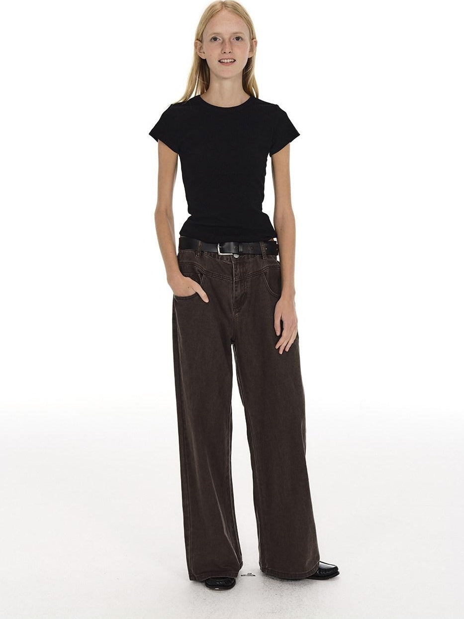 Country Moment Vintage Washed Mid Rise Zipper Flare Loose Casual Unisex Cotton Wide Leg Jeans