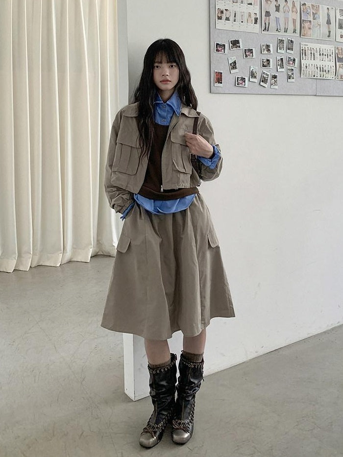 DDGIRL studio Zip Front Long Sleeve Lapel Collar Commuter Women Polyester Top & Shorts Sets