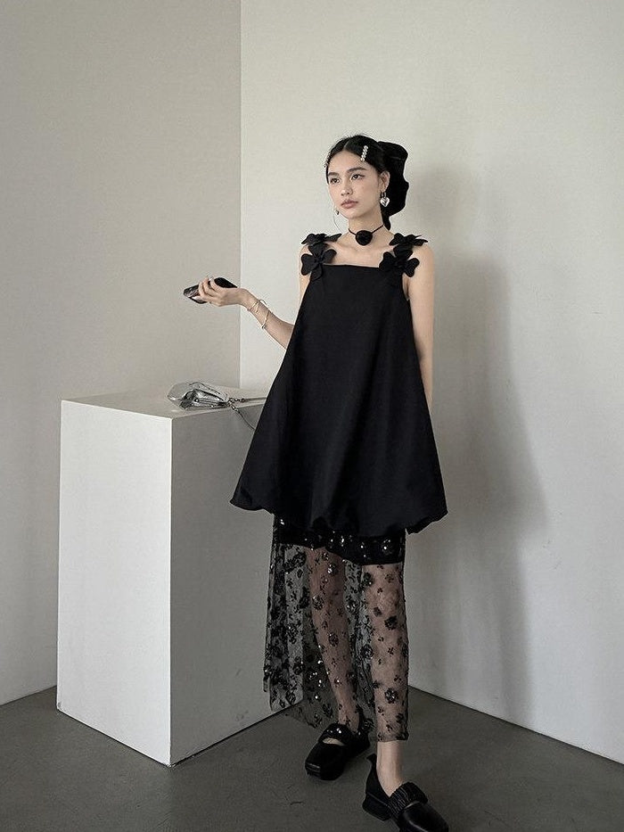 DDGIRL studio Washed Cotton Nylon Blend Strappy A Line Loose Waist Commuter Black Midi Dresses