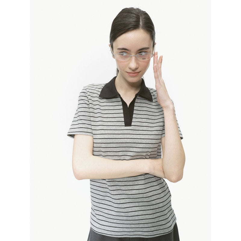 Country_Moment_Cotton_Blend_Patchwork_Slim_Polo_Collar_Striped_Grey_Short_Sleeve_T-Shirts_MISSTT